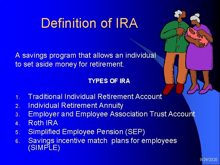 Definition of IRA A savings program that allows an individual to set aside money