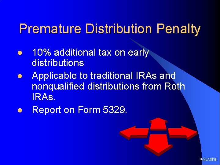 Premature Distribution Penalty l l l 10% additional tax on early distributions Applicable to