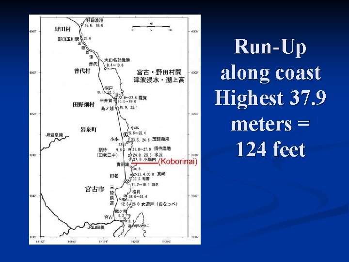 Run-Up along coast Highest 37. 9 meters = 124 feet 