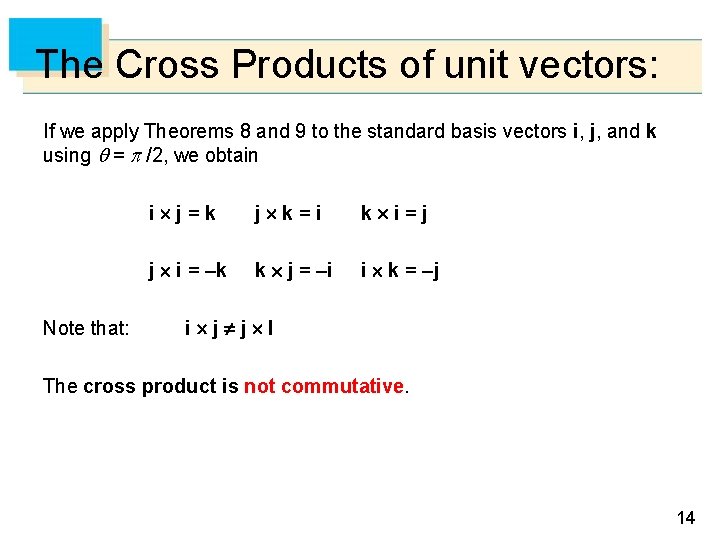 The Cross Products of unit vectors: If we apply Theorems 8 and 9 to