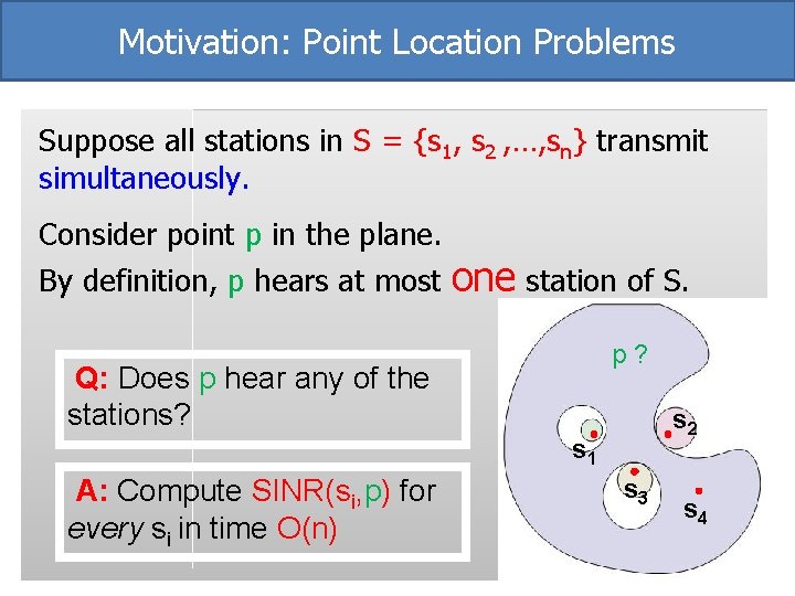 Motivation: Point Location Problems Suppose all stations in S = {s 1, s 2 Motivation: Point Location Problems Suppose all stations in S = {s 1, s 2