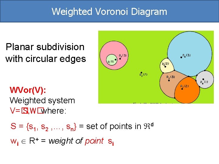 Weighted Voronoi Diagram Planar subdivision with circular edges WVor(V): Weighted system V=� S, W�where: Weighted Voronoi Diagram Planar subdivision with circular edges WVor(V): Weighted system V=� S, W�where: