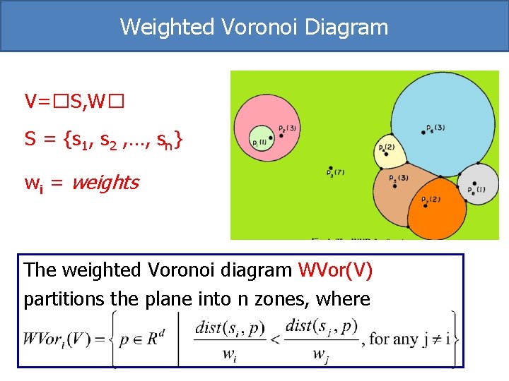 Weighted Voronoi Diagram V=�S, W� S = {s 1, s 2 , …, sn} Weighted Voronoi Diagram V=�S, W� S = {s 1, s 2 , …, sn}
