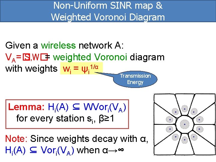 Non-Uniform SINR map & Weighted Voronoi Diagram Given a wireless network A: VA=� S, Non-Uniform SINR map & Weighted Voronoi Diagram Given a wireless network A: VA=� S,