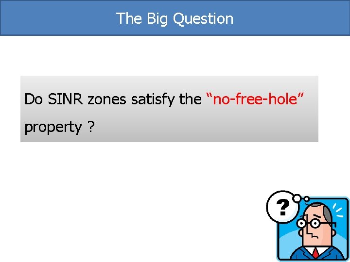 The Big Question Do SINR zones satisfy the “no-free-hole” property ? The Big Question Do SINR zones satisfy the “no-free-hole” property ?