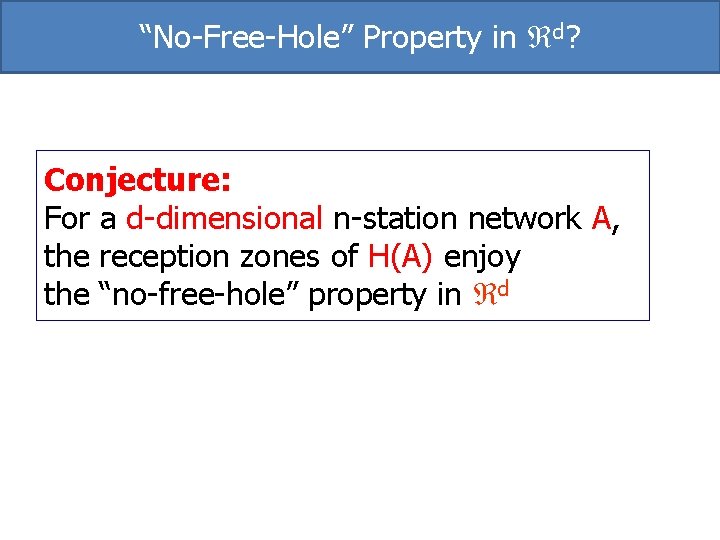 “No-Free-Hole” Property in d? Conjecture: For a d-dimensional n-station network A, the reception zones “No-Free-Hole” Property in d? Conjecture: For a d-dimensional n-station network A, the reception zones