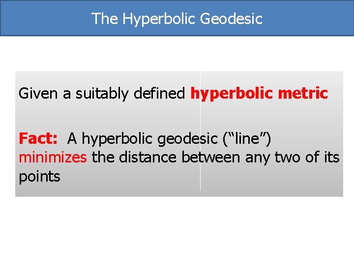The Hyperbolic Geodesic Given a suitably defined hyperbolic metric Fact: A hyperbolic geodesic (“line”) The Hyperbolic Geodesic Given a suitably defined hyperbolic metric Fact: A hyperbolic geodesic (“line”)