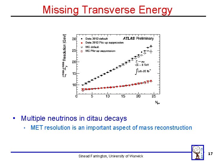 Missing Transverse Energy • Multiple neutrinos in ditau decays • MET resolution is an Missing Transverse Energy • Multiple neutrinos in ditau decays • MET resolution is an