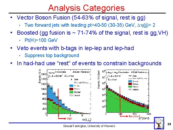 Analysis Categories • Vector Boson Fusion (54 -63% of signal, rest is gg) • Analysis Categories • Vector Boson Fusion (54 -63% of signal, rest is gg) •