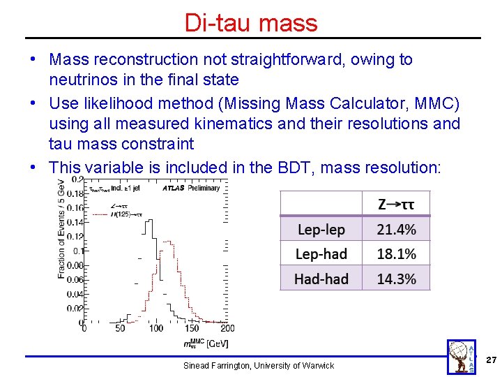 Di-tau mass • Mass reconstruction not straightforward, owing to neutrinos in the final state Di-tau mass • Mass reconstruction not straightforward, owing to neutrinos in the final state