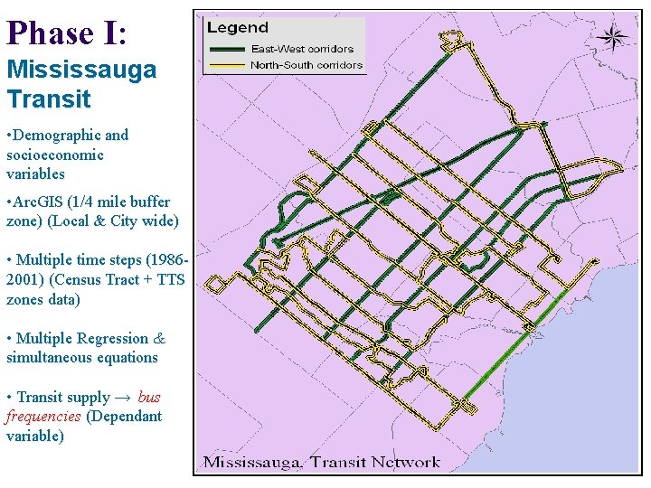 Phase I: Mississauga Transit • Demographic and socioeconomic variables • Arc. GIS (1/4 mile