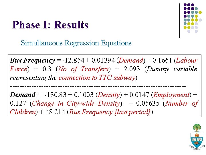 Phase I: Results Simultaneous Regression Equations Bus Frequency = -12. 854 + 0. 01394