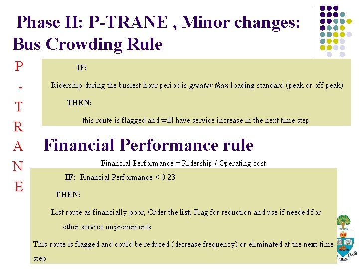 Phase II: P-TRANE , Minor changes: Bus Crowding Rule P T R A N
