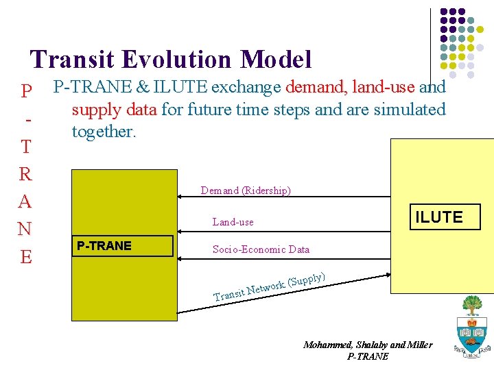 Transit Evolution Model P T R A N E P-TRANE & ILUTE exchange demand,