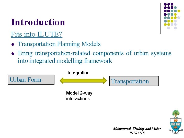 Introduction Fits into ILUTE? l l Transportation Planning Models Bring transportation-related components of urban