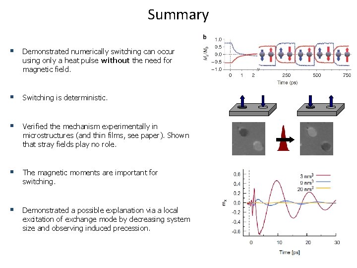 Summary § Demonstrated numerically switching can occur using only a heat pulse without the