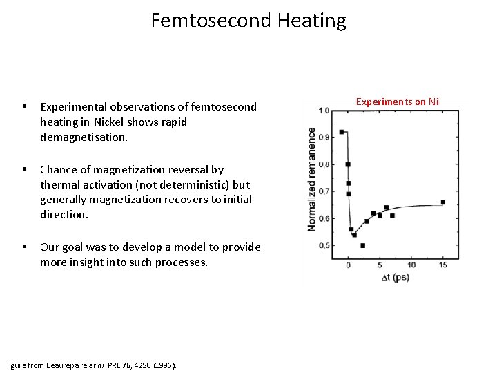 Femtosecond Heating § Experimental observations of femtosecond heating in Nickel shows rapid demagnetisation. §