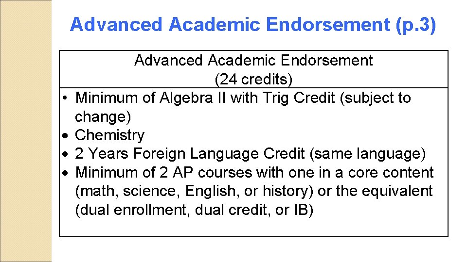 Advanced Academic Endorsement (p. 3) • Advanced Academic Endorsement (24 credits) Minimum of Algebra
