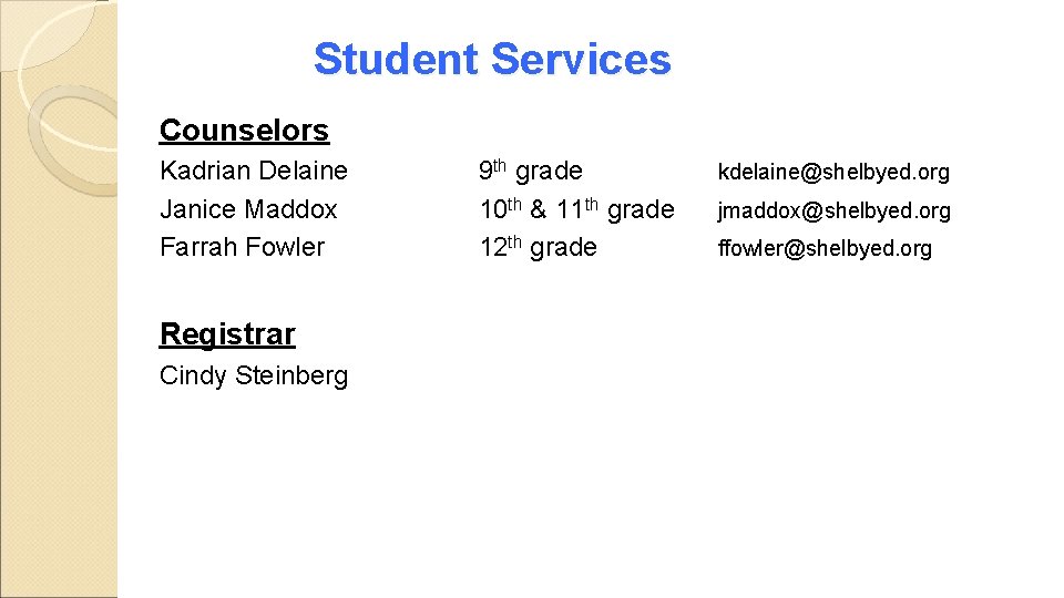 Student Services Counselors Kadrian Delaine Janice Maddox Farrah Fowler Registrar Cindy Steinberg 9 th