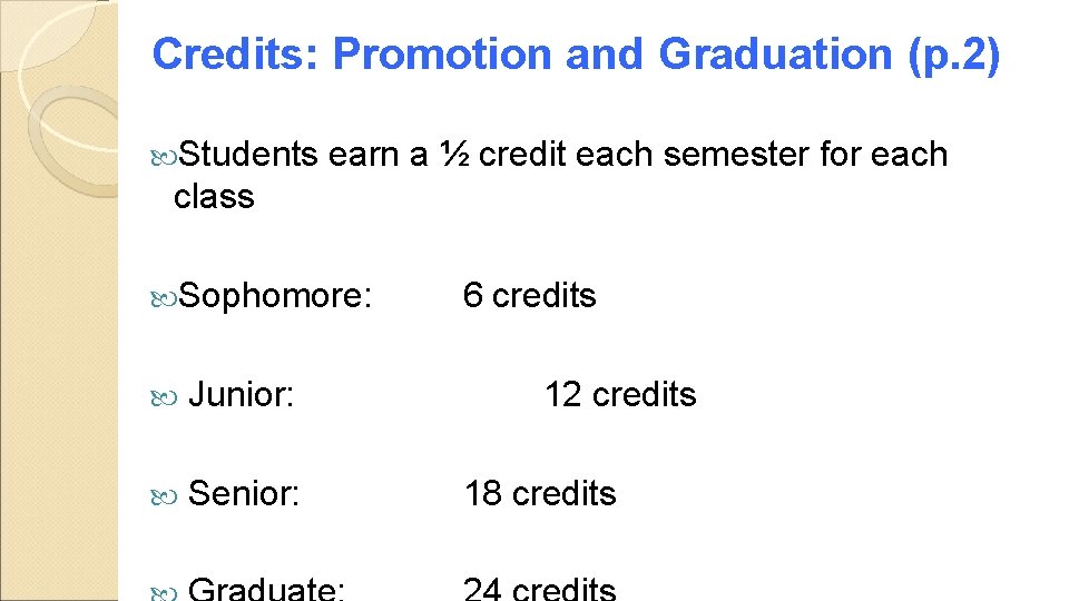 Credits: Promotion and Graduation (p. 2) Students earn a ½ credit each semester for