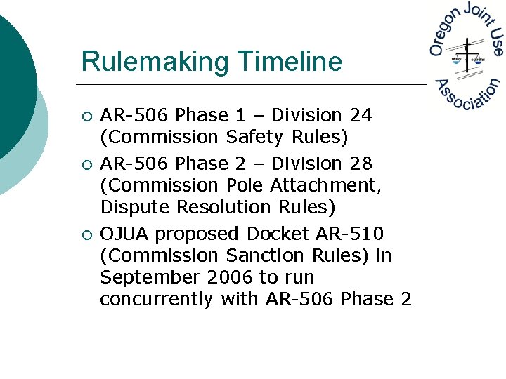 Rulemaking Timeline ¡ ¡ ¡ AR-506 Phase 1 – Division 24 (Commission Safety Rules)