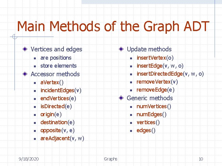 Main Methods of the Graph ADT Vertices and edges n n Update methods are