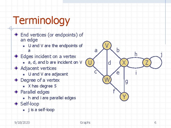 Terminology End vertices (or endpoints) of an edge n U and V are the