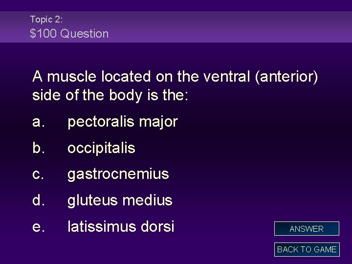 Topic 2: $100 Question A muscle located on the ventral (anterior) side of the