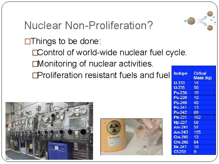 Nuclear Non-Proliferation? �Things to be done: �Control of world-wide nuclear fuel cycle. �Monitoring of