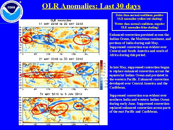 OLR Anomalies: Last 30 days Drier-than-normal conditions, positive OLR anomalies (yellow/red shading) Wetter-than-normal conditions,