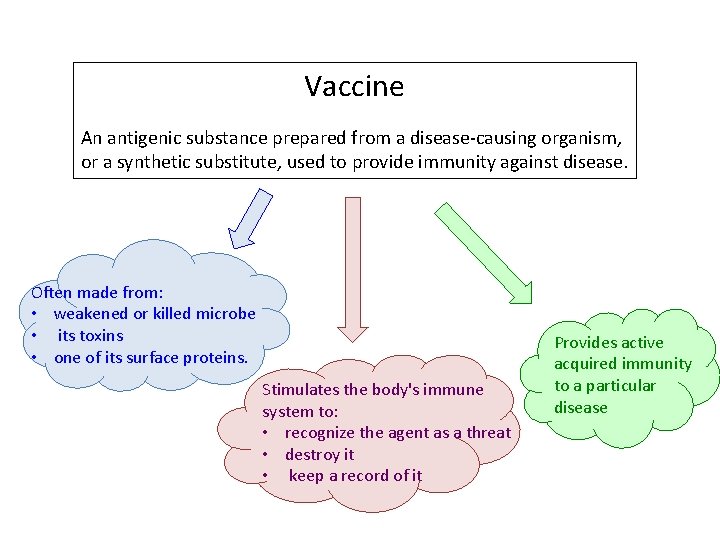 Vaccine An antigenic substance prepared from a disease-causing organism, or a synthetic substitute, used