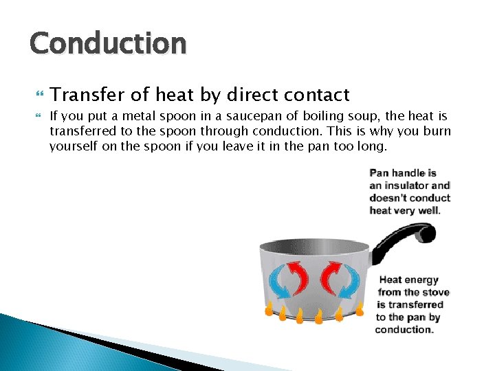 Conduction Transfer of heat by direct contact If you put a metal spoon in Conduction Transfer of heat by direct contact If you put a metal spoon in