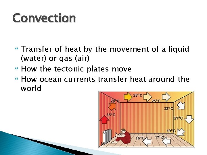 Convection Transfer of heat by the movement of a liquid (water) or gas (air) Convection Transfer of heat by the movement of a liquid (water) or gas (air)