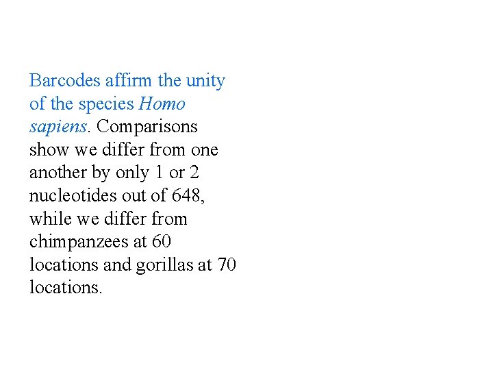 Barcodes affirm the unity of the species Homo sapiens. Comparisons show we differ from