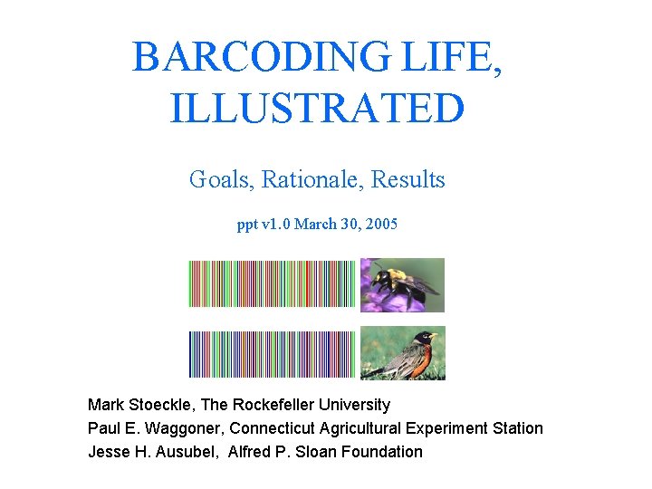 BARCODING LIFE, ILLUSTRATED Goals, Rationale, Results ppt v 1. 0 March 30, 2005 Mark