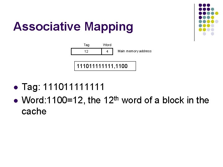 Associative Mapping Tag Word 12 4 Main memory address 11101111, 1100 l l Tag: