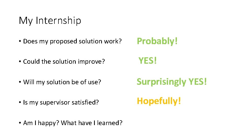 My Internship • Does my proposed solution work? Probably! • Could the solution improve? My Internship • Does my proposed solution work? Probably! • Could the solution improve?