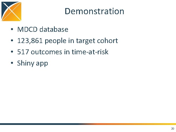 Demonstration • • MDCD database 123, 861 people in target cohort 517 outcomes in