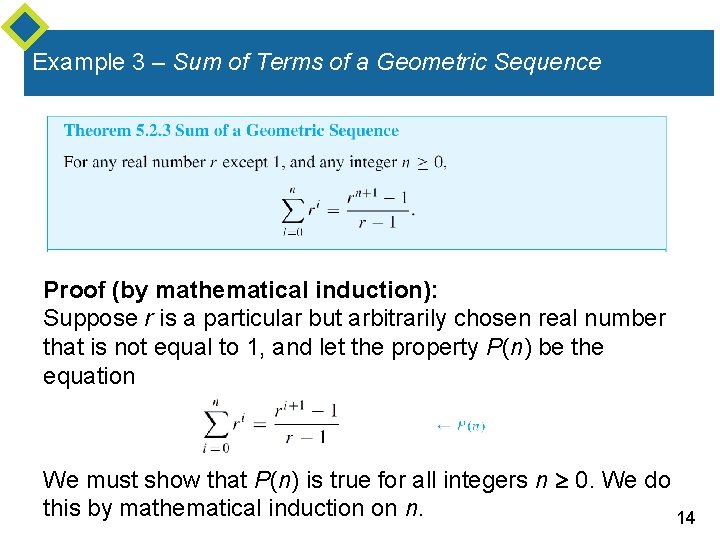 Example 3 – Sum of Terms of a Geometric Sequence Proof (by mathematical induction):
