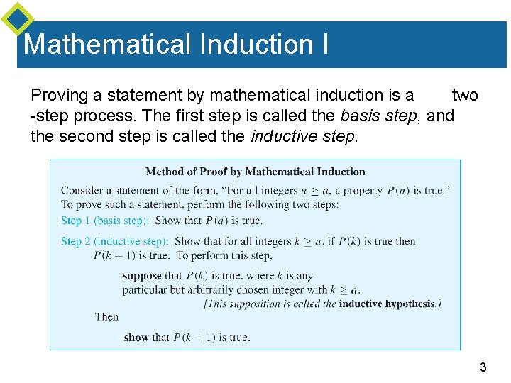 Mathematical Induction I Proving a statement by mathematical induction is a two -step process.