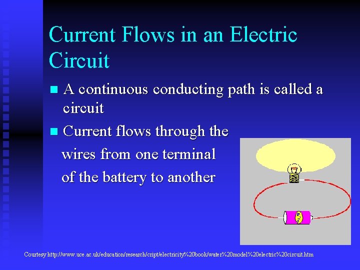 Current Flows in an Electric Circuit A continuous conducting path is called a circuit