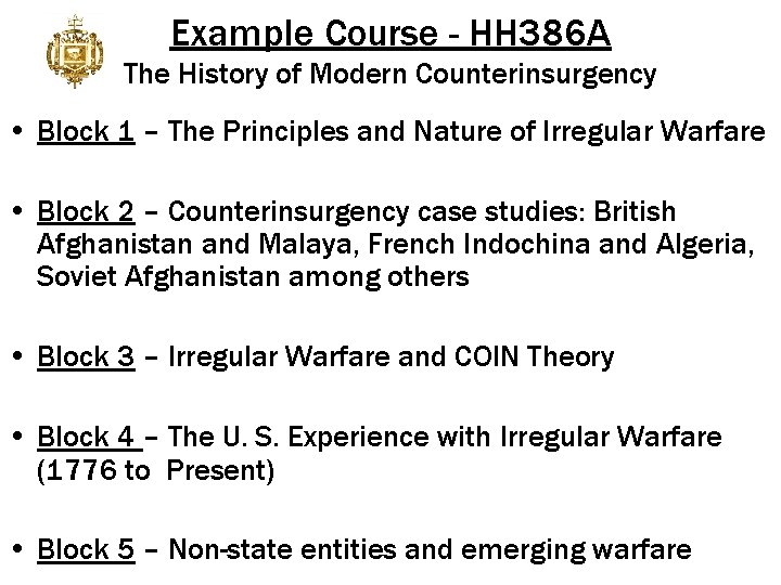 Example Course - HH 386 A The History of Modern Counterinsurgency • Block 1