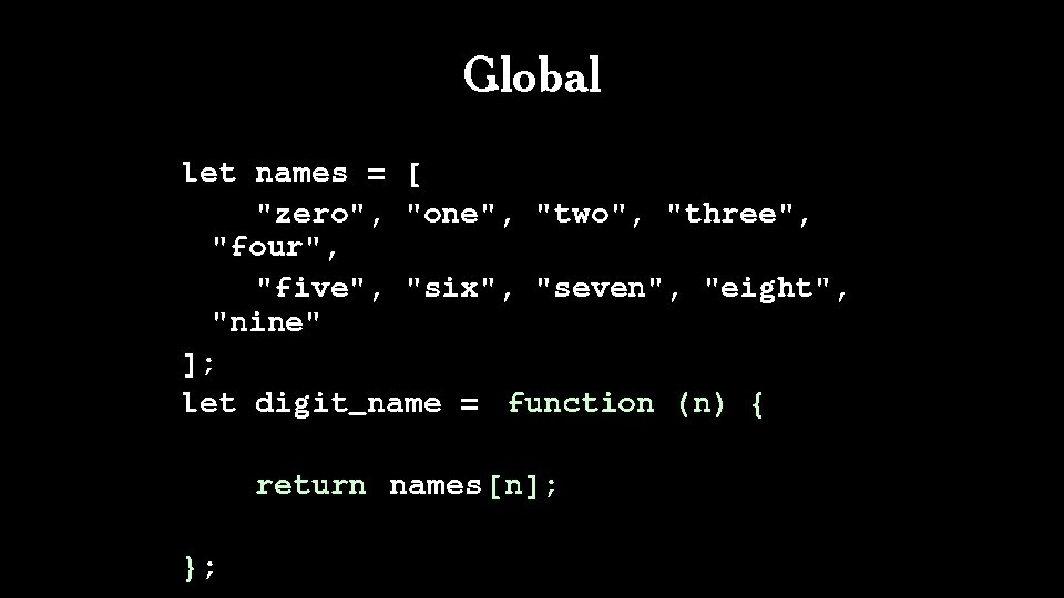 Global let names = [ "zero", "one", "two", "three", "four", "five", "six", "seven", "eight",