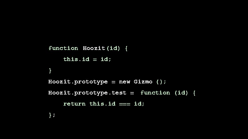 function Hoozit (id) { this. id = id; } Hoozit. prototype = new Gizmo