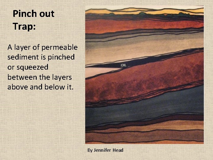 Pinch out Trap: A layer of permeable sediment is pinched or squeezed between the Pinch out Trap: A layer of permeable sediment is pinched or squeezed between the