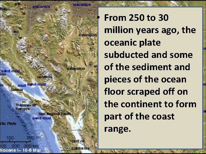 • From 250 to 30 million years ago, the oceanic plate subducted and • From 250 to 30 million years ago, the oceanic plate subducted and
