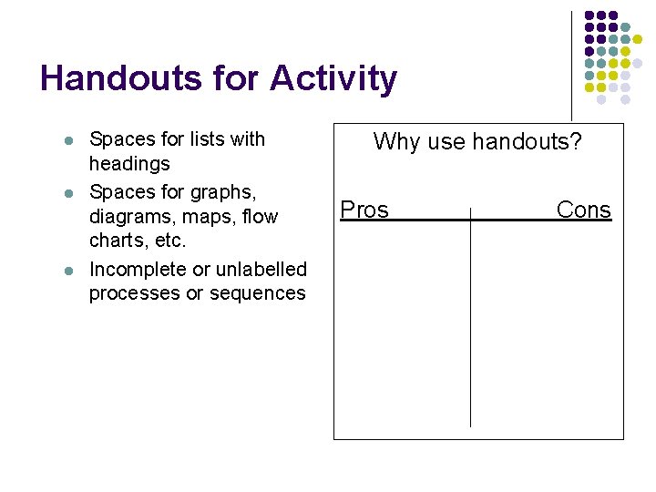 Handouts for Activity l l l Spaces for lists with headings Spaces for graphs,