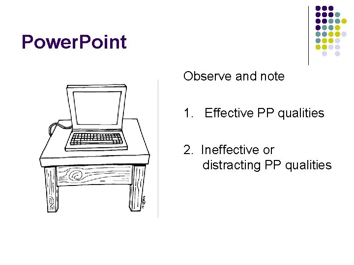 Power. Point Observe and note 1. Effective PP qualities 2. Ineffective or distracting PP