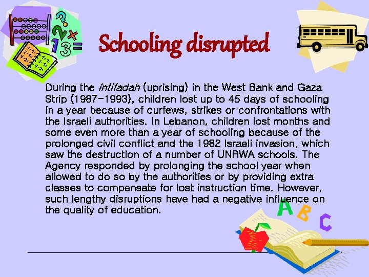 Schooling disrupted During the intifadah (uprising) in the West Bank and Gaza Strip (1987