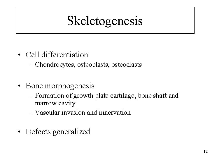 Skeletogenesis • Cell differentiation – Chondrocytes, osteoblasts, osteoclasts • Bone morphogenesis – Formation of